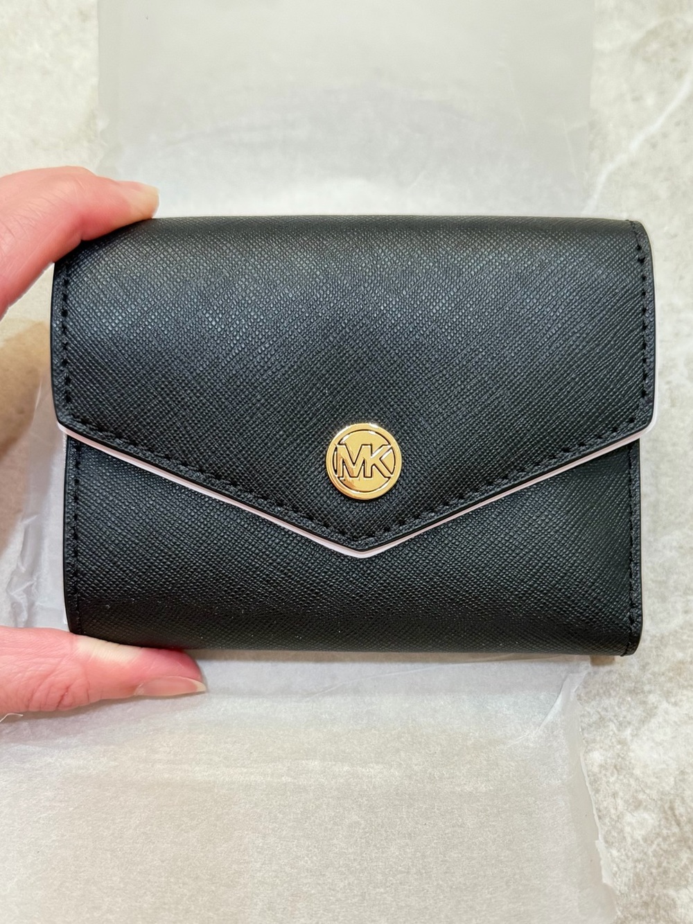 Michael Kors Black Envelope Compact Wallet with Gold MK Button